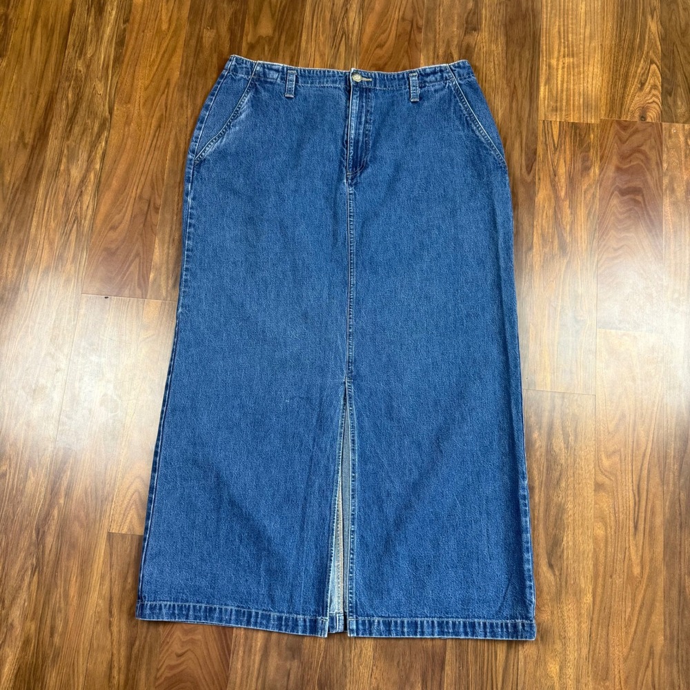 St Johns Bay Denim Maxi Skirt Size 14 Blue Cotton High Waisted Front Slit Vtg